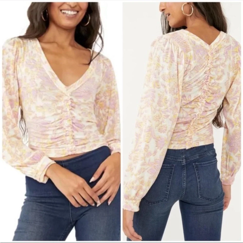 Free People Cream and Pink Floral Ruched Blouse - Picture 2 of 6